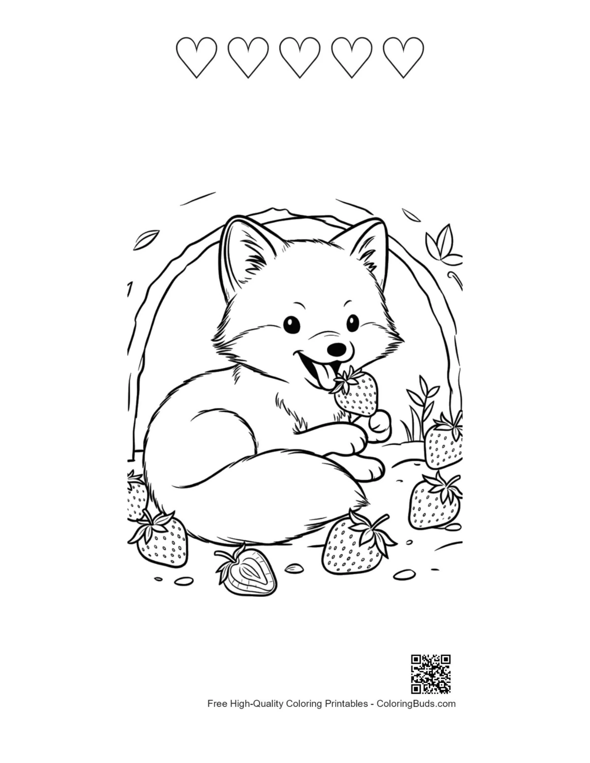 Cute Arctic Fox coloring printable with 5 heart outlines