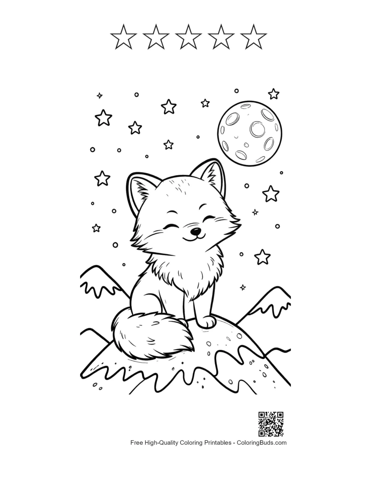 Cute Arctic fox with 5 stars outline printable