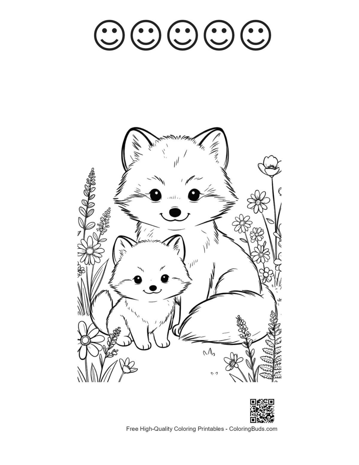 Cute Arctic Fox with happy faces outlines