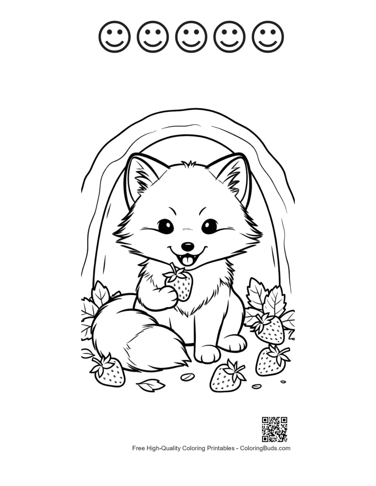 Arctic fox and happy faces coloring outline