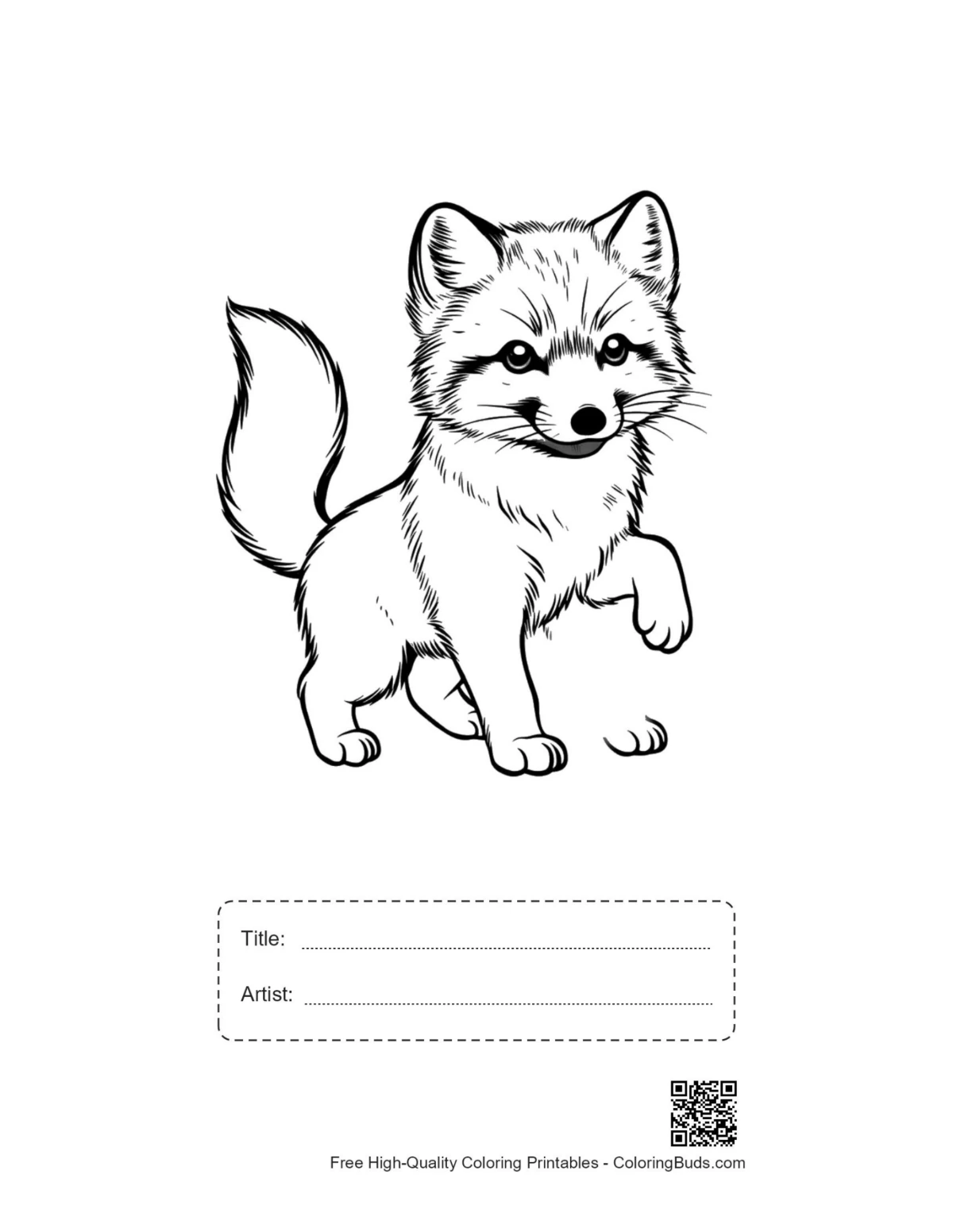 Printable cute arctic fox pup outline with title space