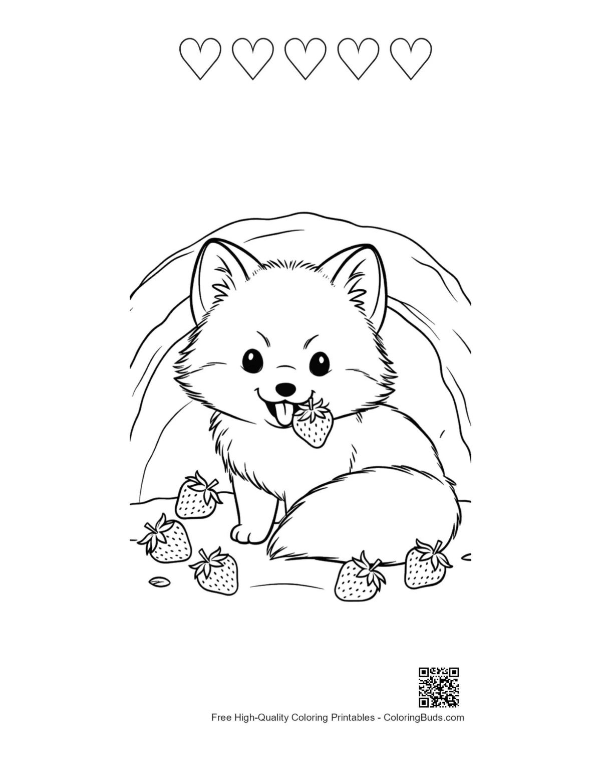 Cute fox printable with 5 heart outlines