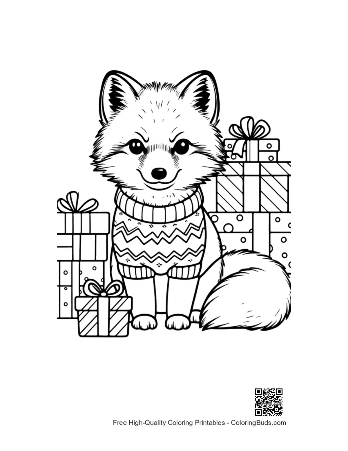 Cute Arctic fox in scarf hat coloring printable