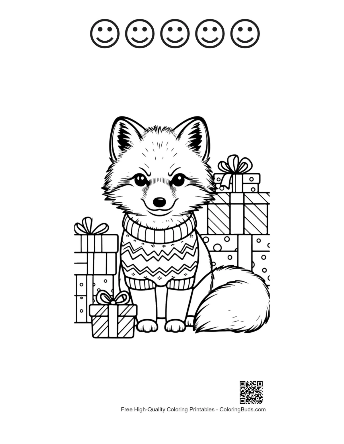 Arctic fox in hat scarf with 5 happy faces printable