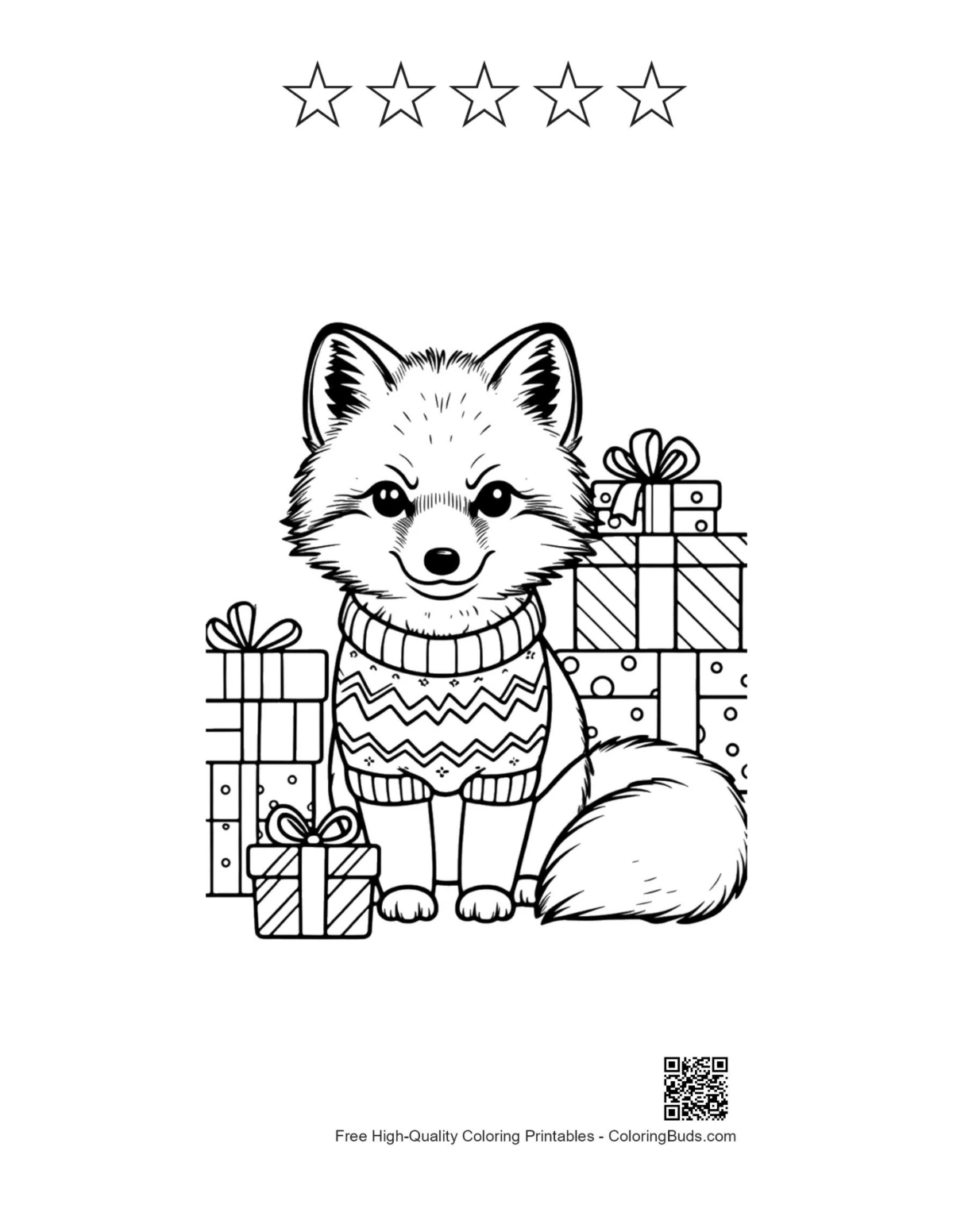 Cute fox scarf hat printable with 5 stars outline