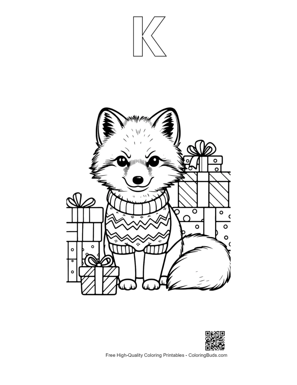 Arctic fox scarf hat printable with letter K outline