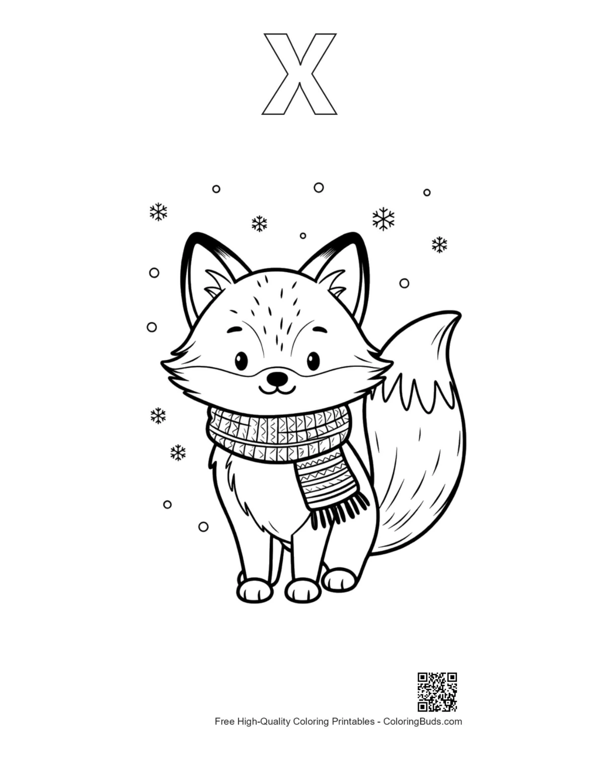 Cute red fox pup gift box with alphabet X outline printable