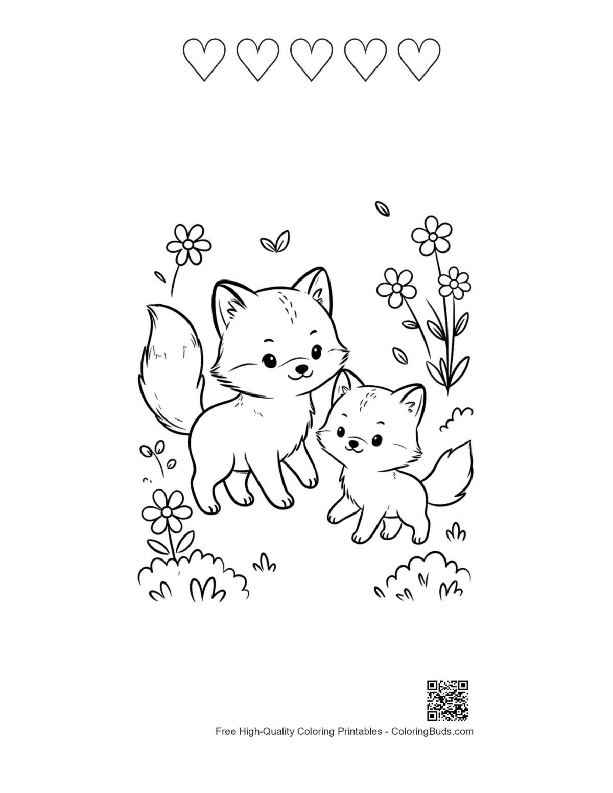 Arctic fox with 5 heart outlines printable download