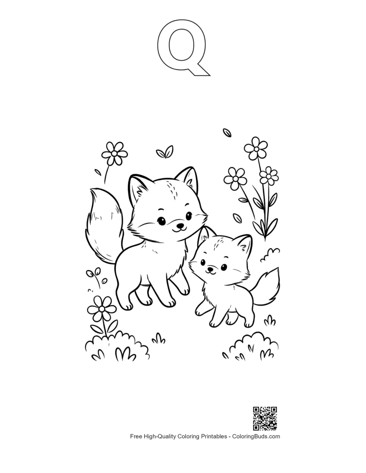 Arctic fox outline alphabet Q printable download