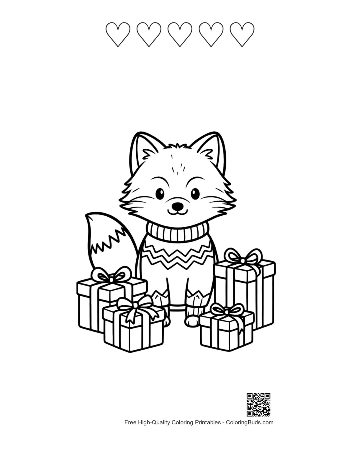 Easy Arctic fox coloring with 5 heart outlines