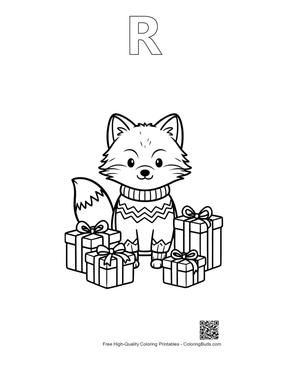 Easy Arctic fox coloring page with alphabet R outline