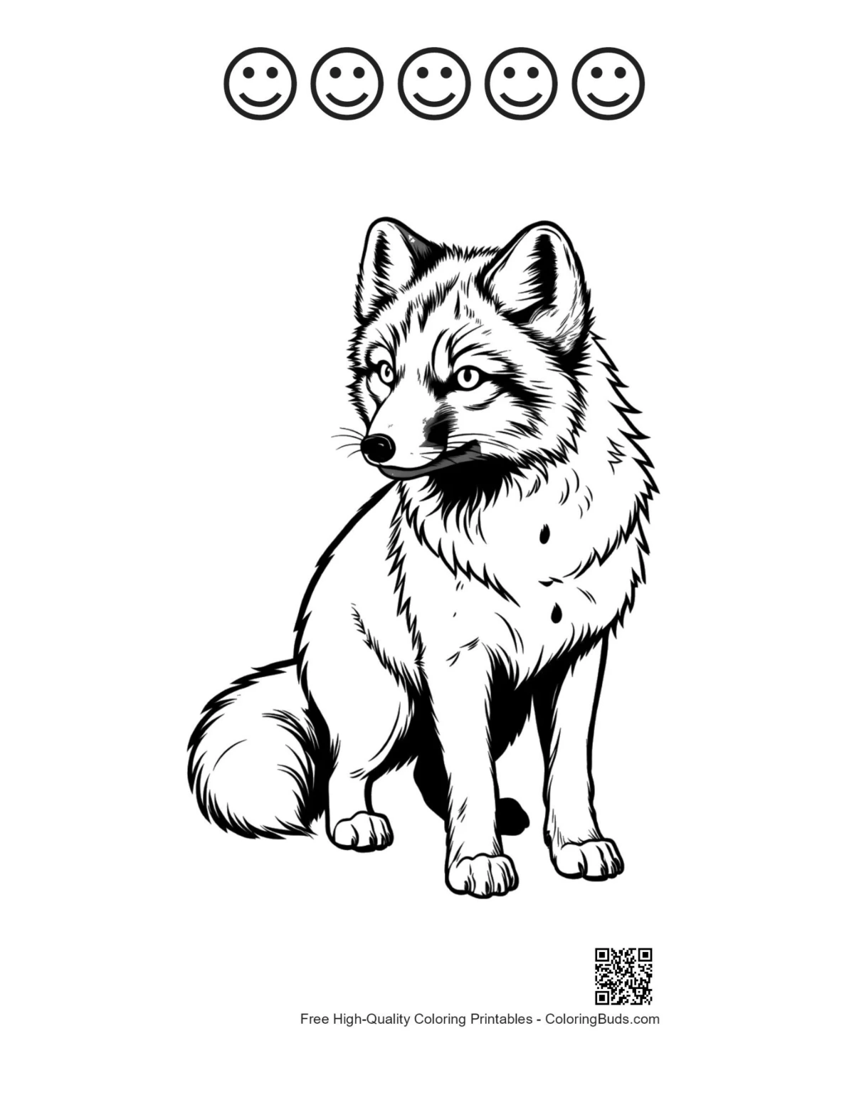 Arctic Fox with 5 happy faces outline printable