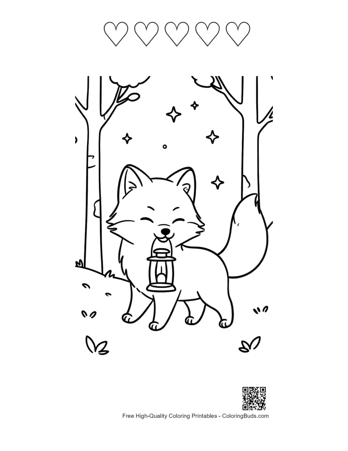 Arctic fox coloring with 5 heart outlines