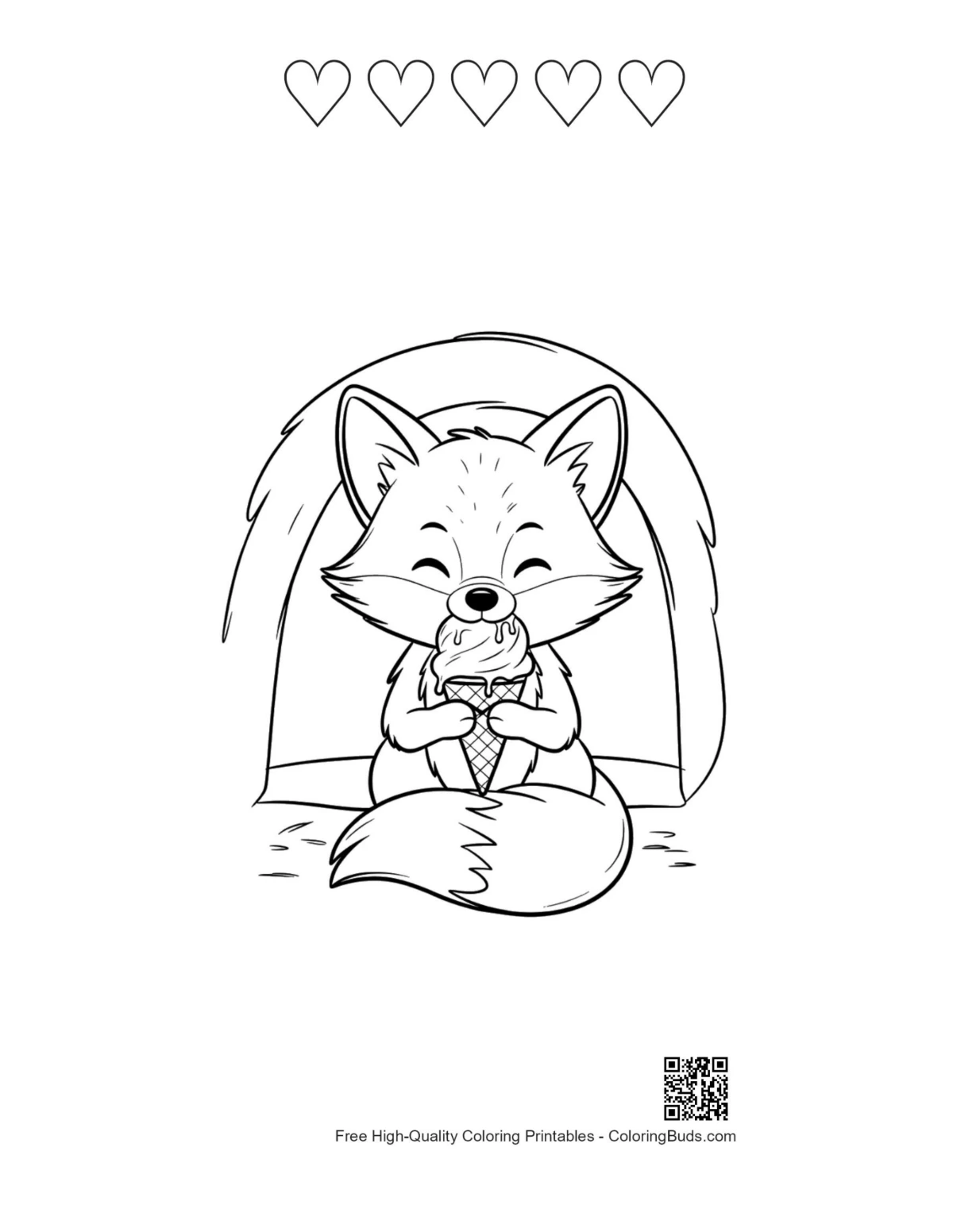 Red fox with 5 hearts outline printable coloring