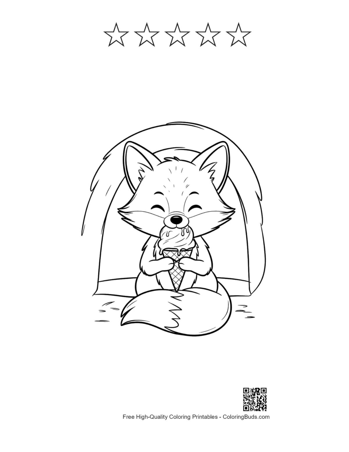 Red fox with 5 stars outline printable for kids