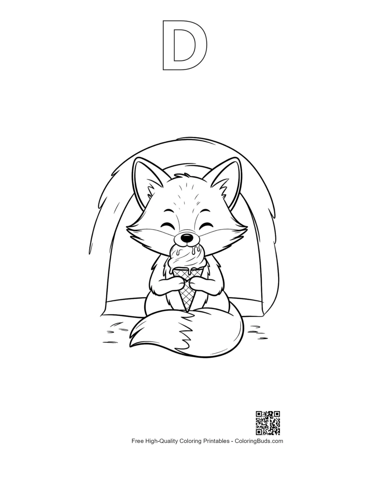 Red fox outline with alphabet D printable for kids
