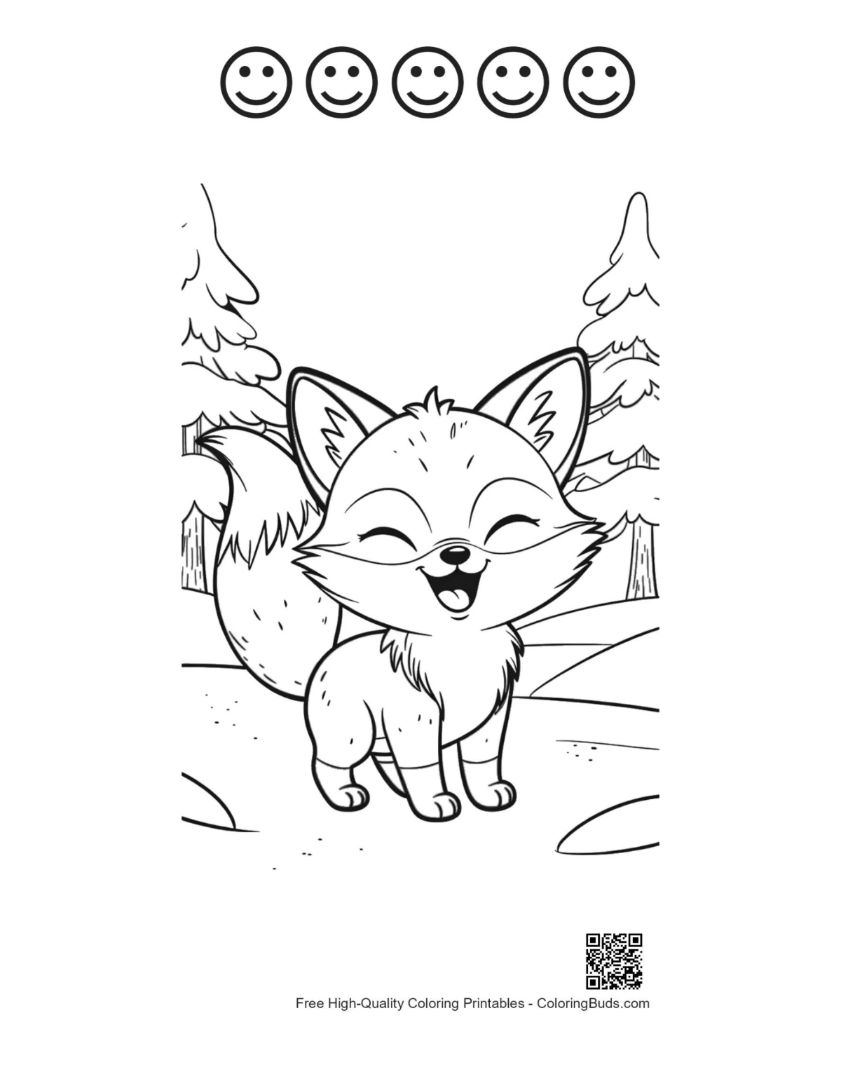 Red fox with 5 happy faces outline coloring printable