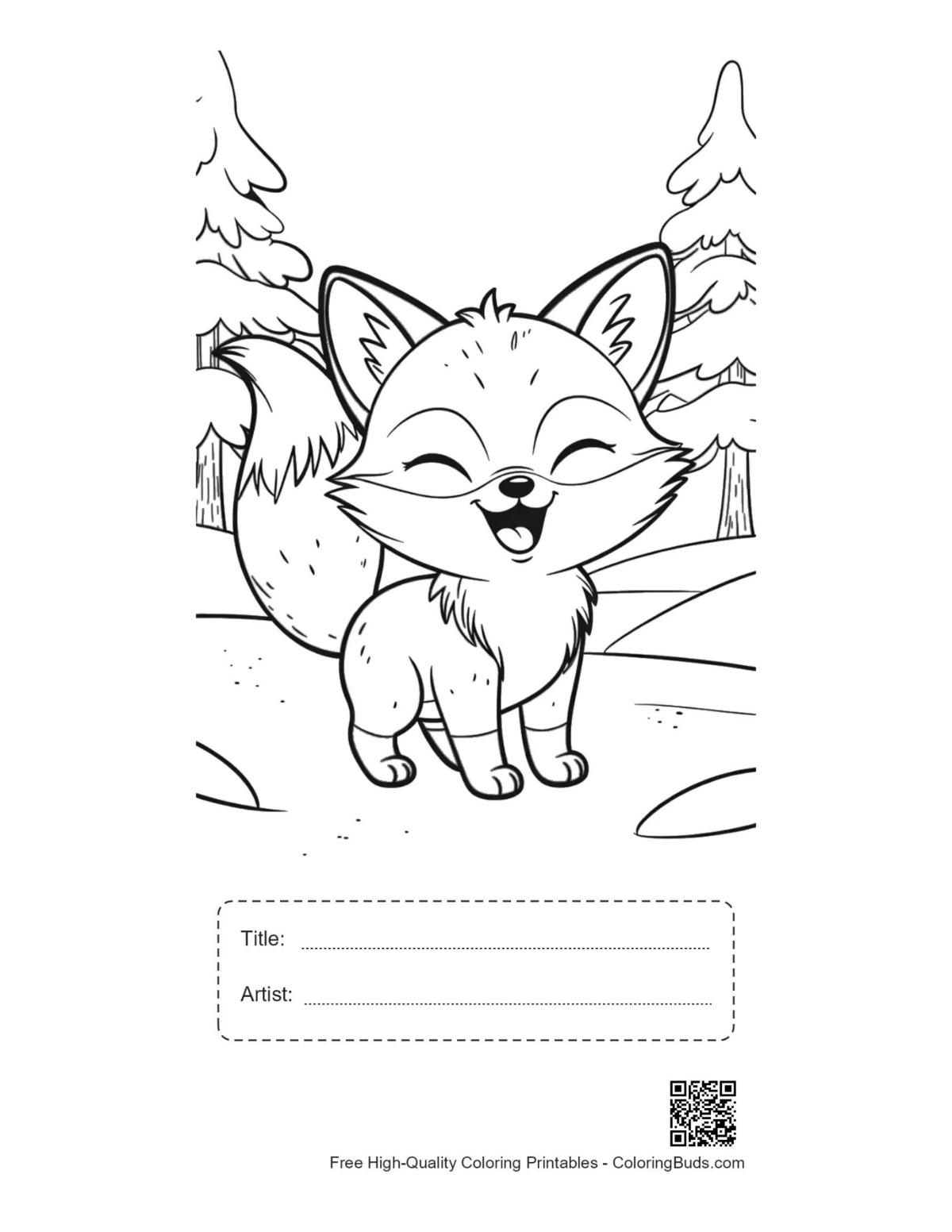 Red fox printable with title artist box for coloring