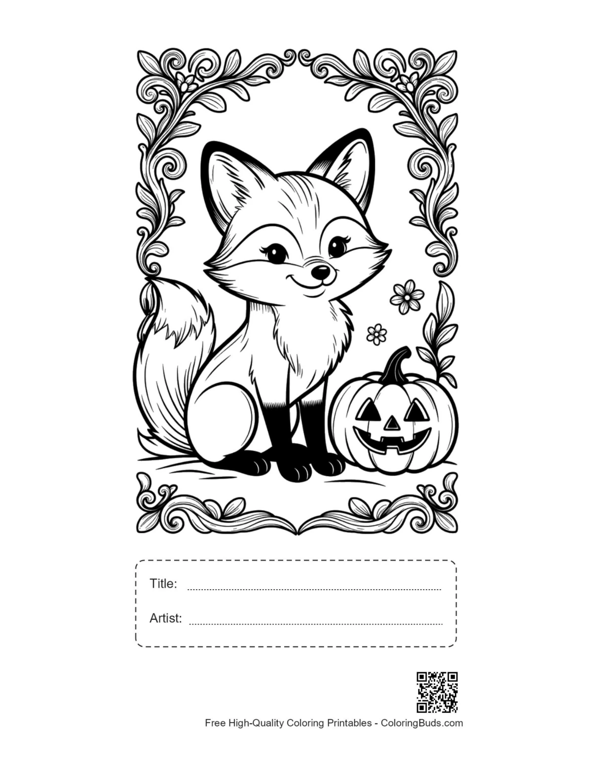 Red fox coloring page with title and artist space
