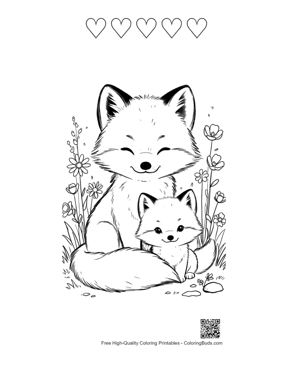 Little fox explorer snow hearts printable coloring