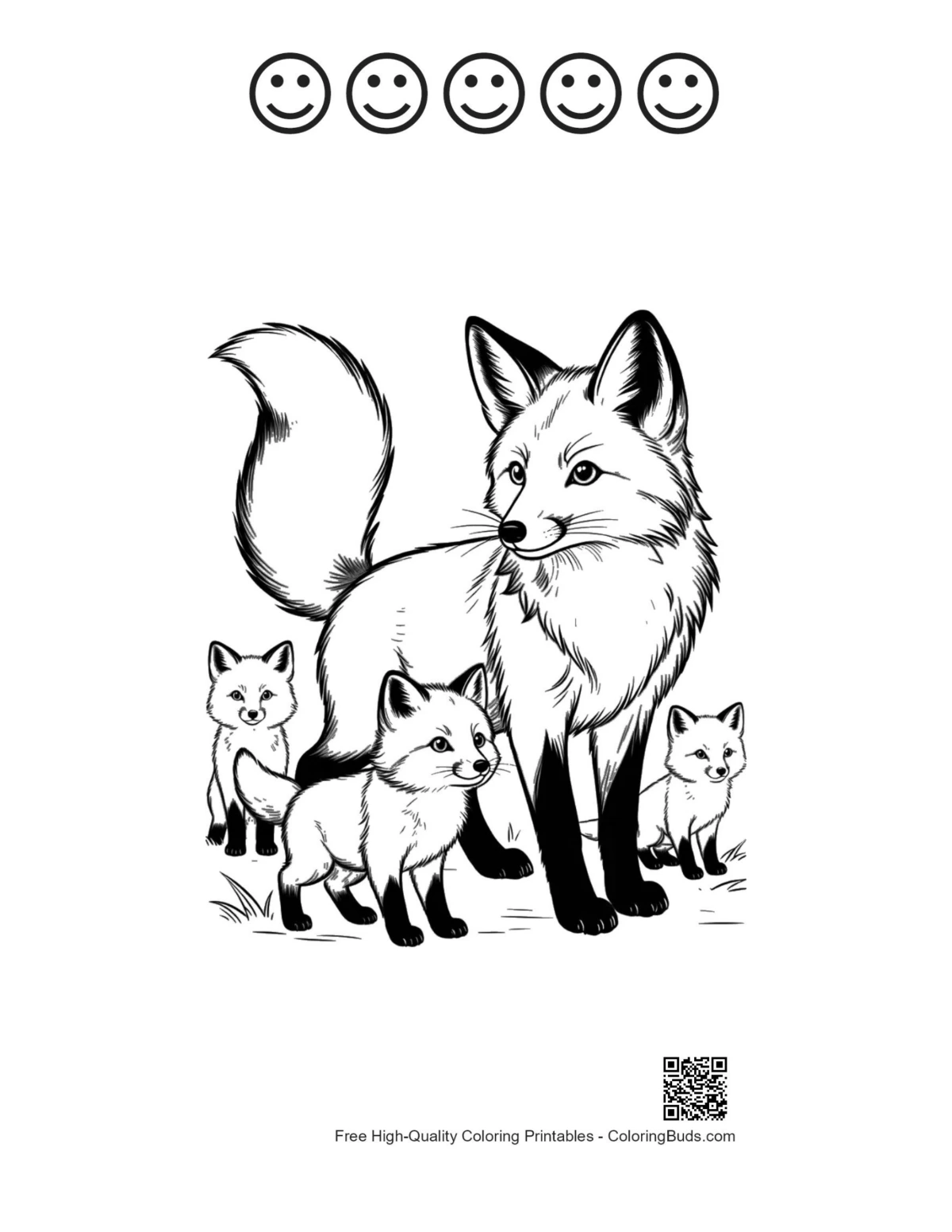 Printable mother red fox with kits and 5 happy faces