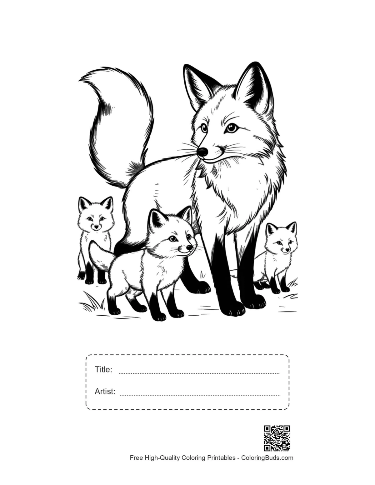 Printable mother red fox and kits with title artist box