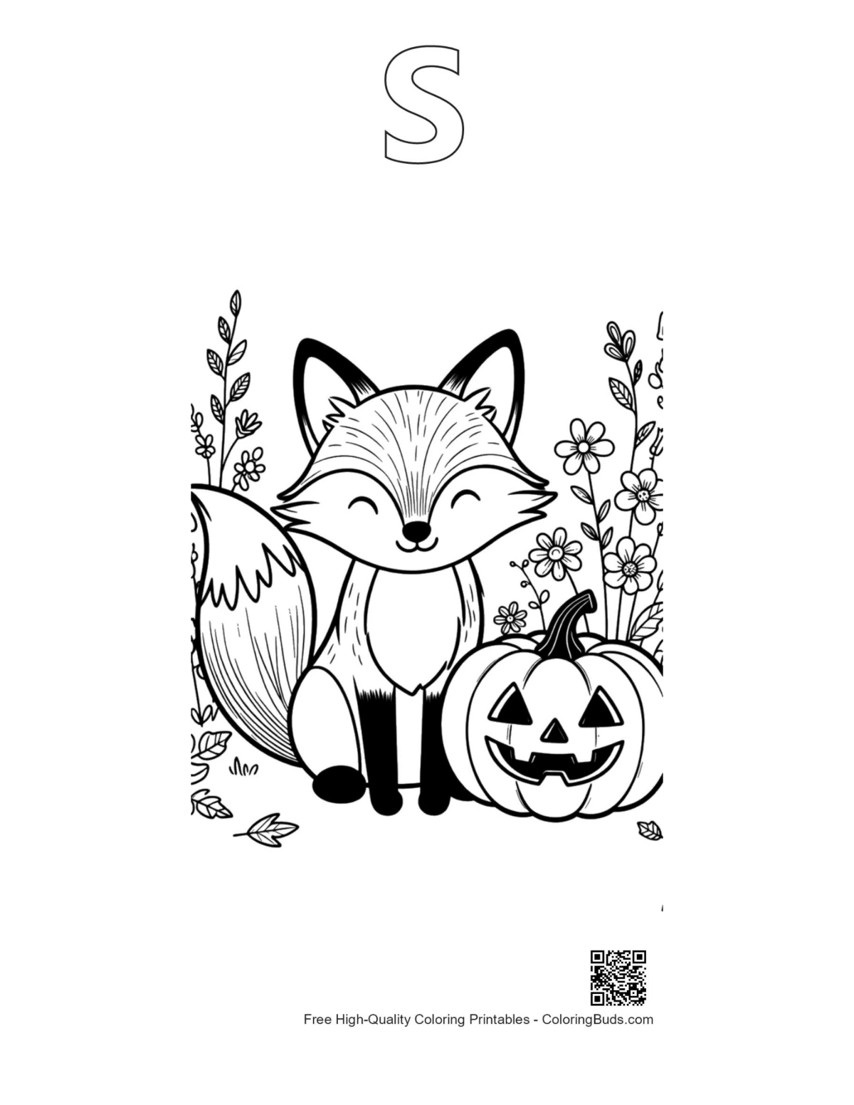 Red fox coloring outline with alphabet S