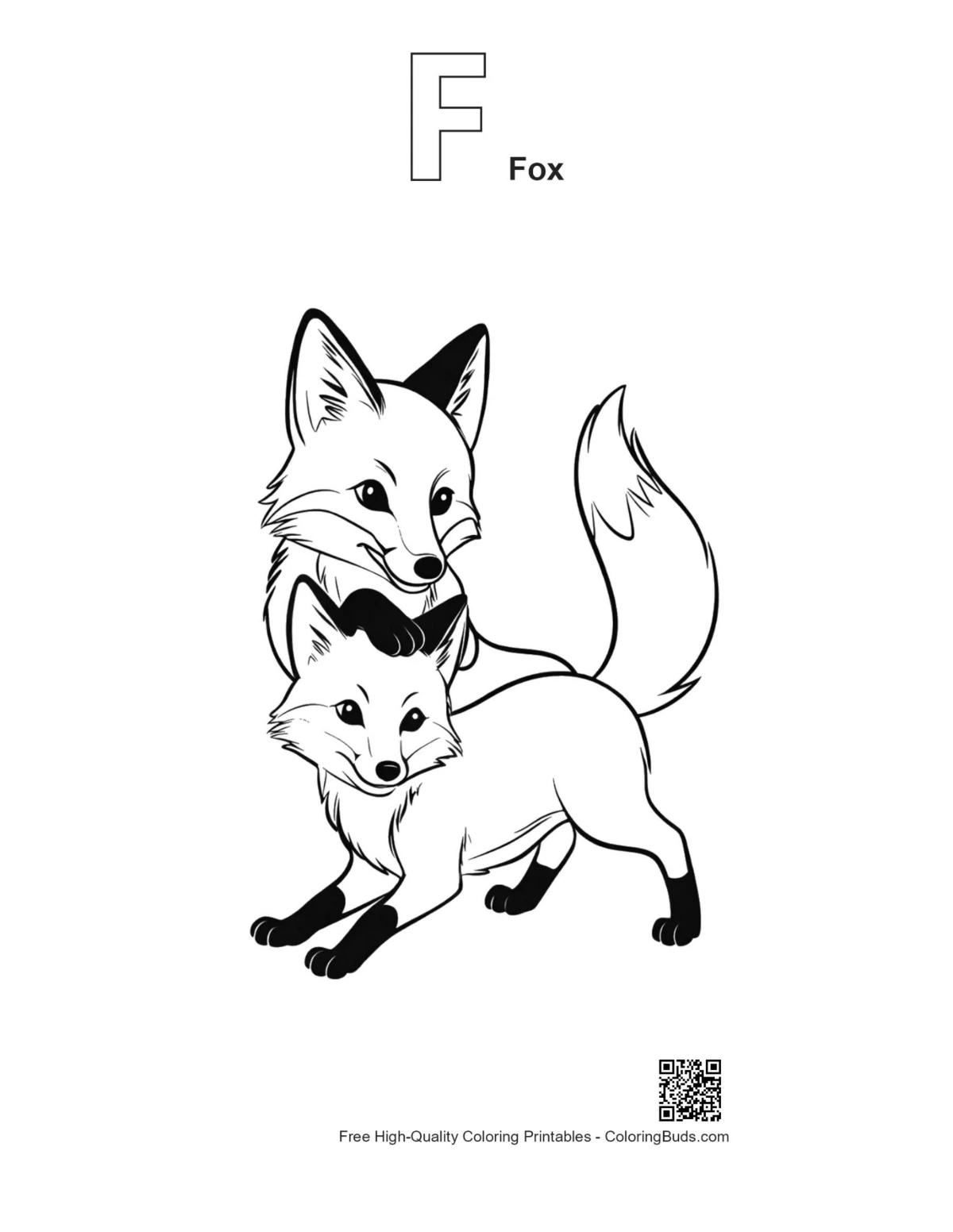 Outline red fox embrace with F alphabet
