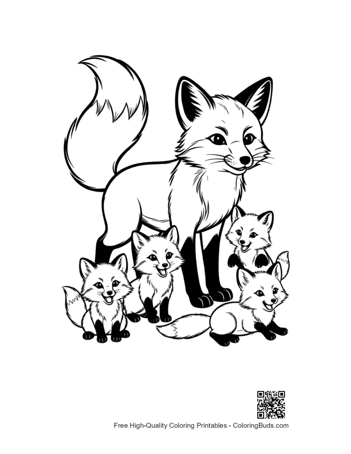 Red fox mother with playful kits illustration