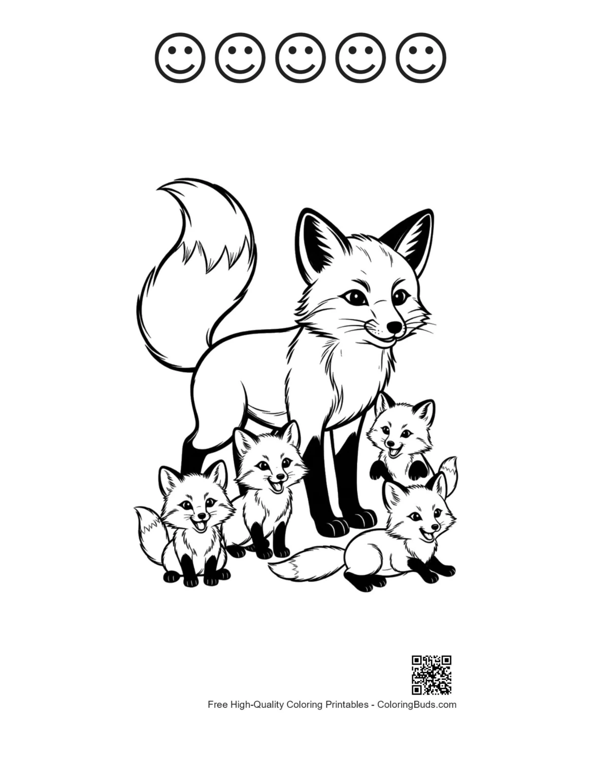 Red fox coloring page with happy faces
