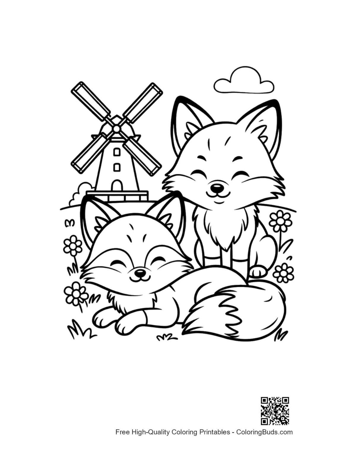 Cute red fox outline printable coloring page