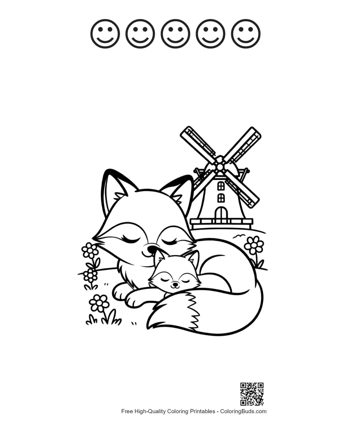 Red fox with 5 happy face outlines printable sheet