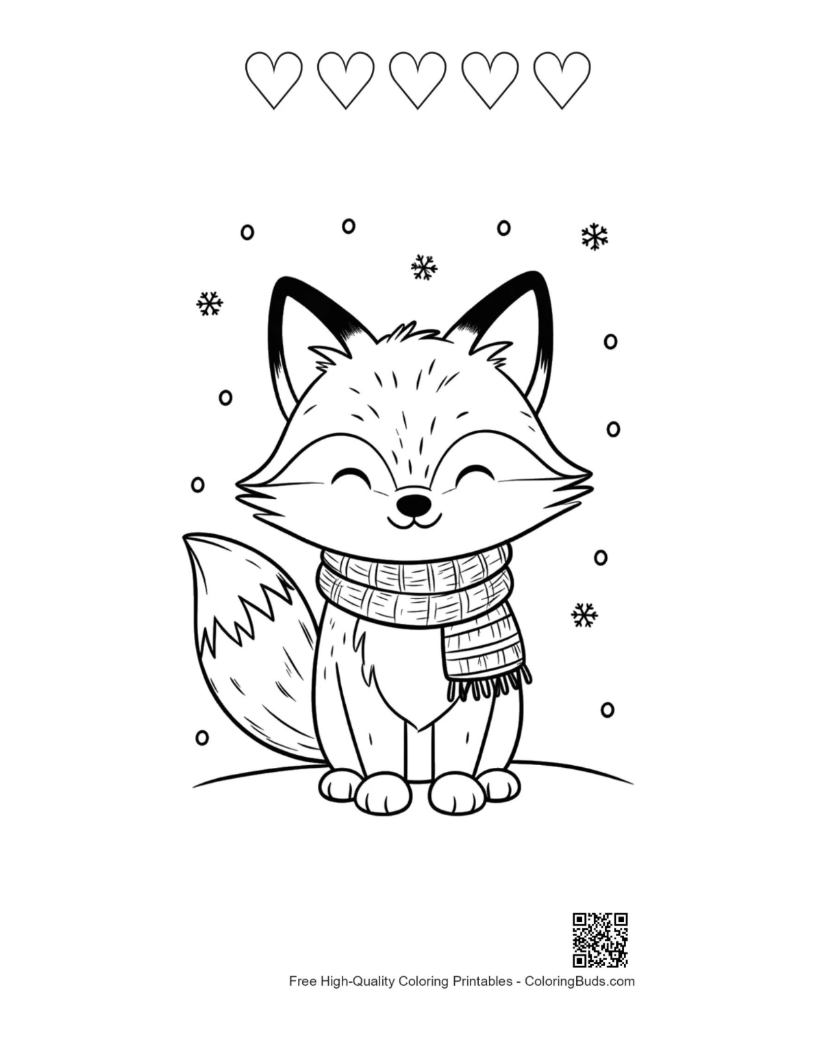 Red fox with 5 hearts outline printable