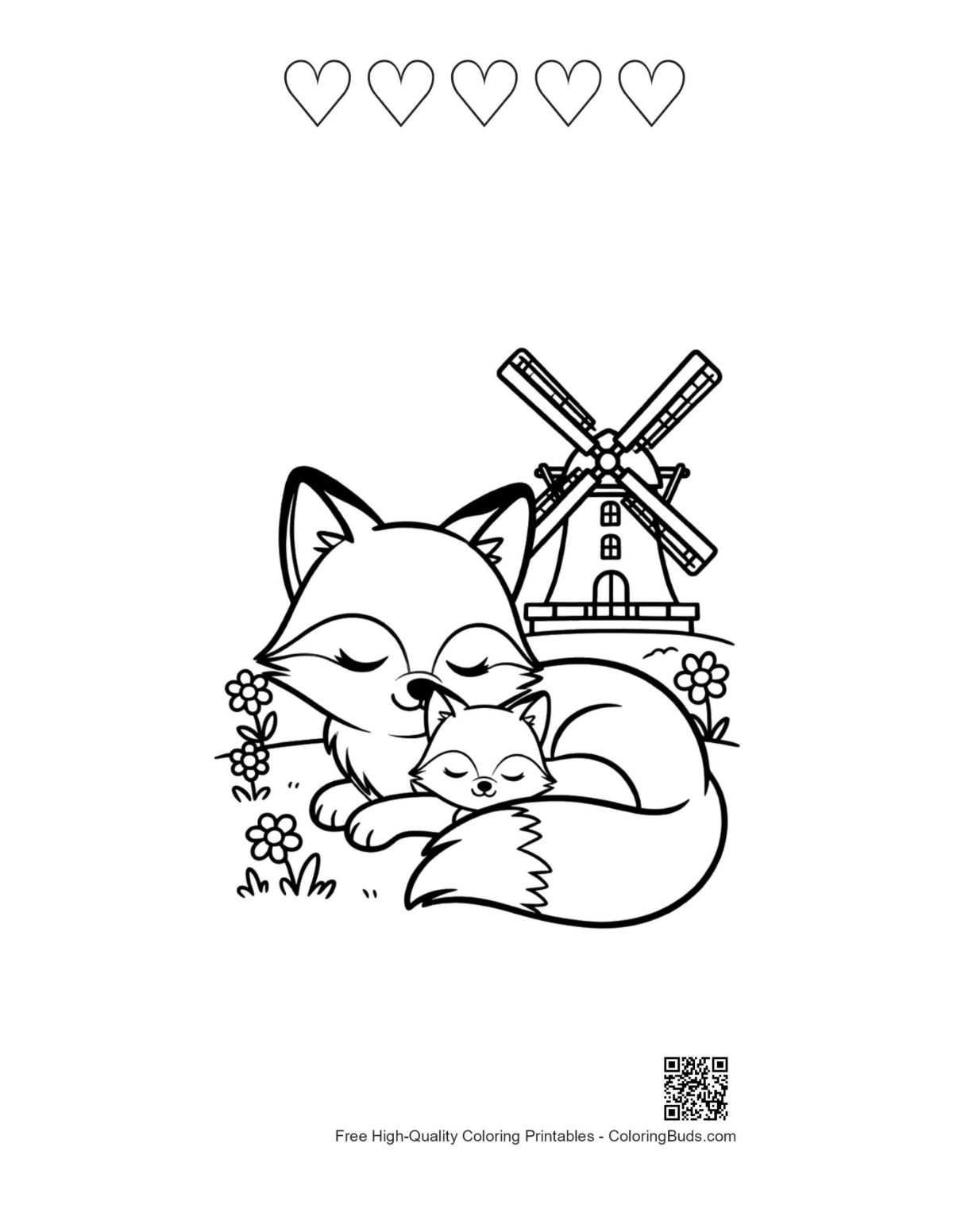 Red fox printable featuring 5 heart outlines
