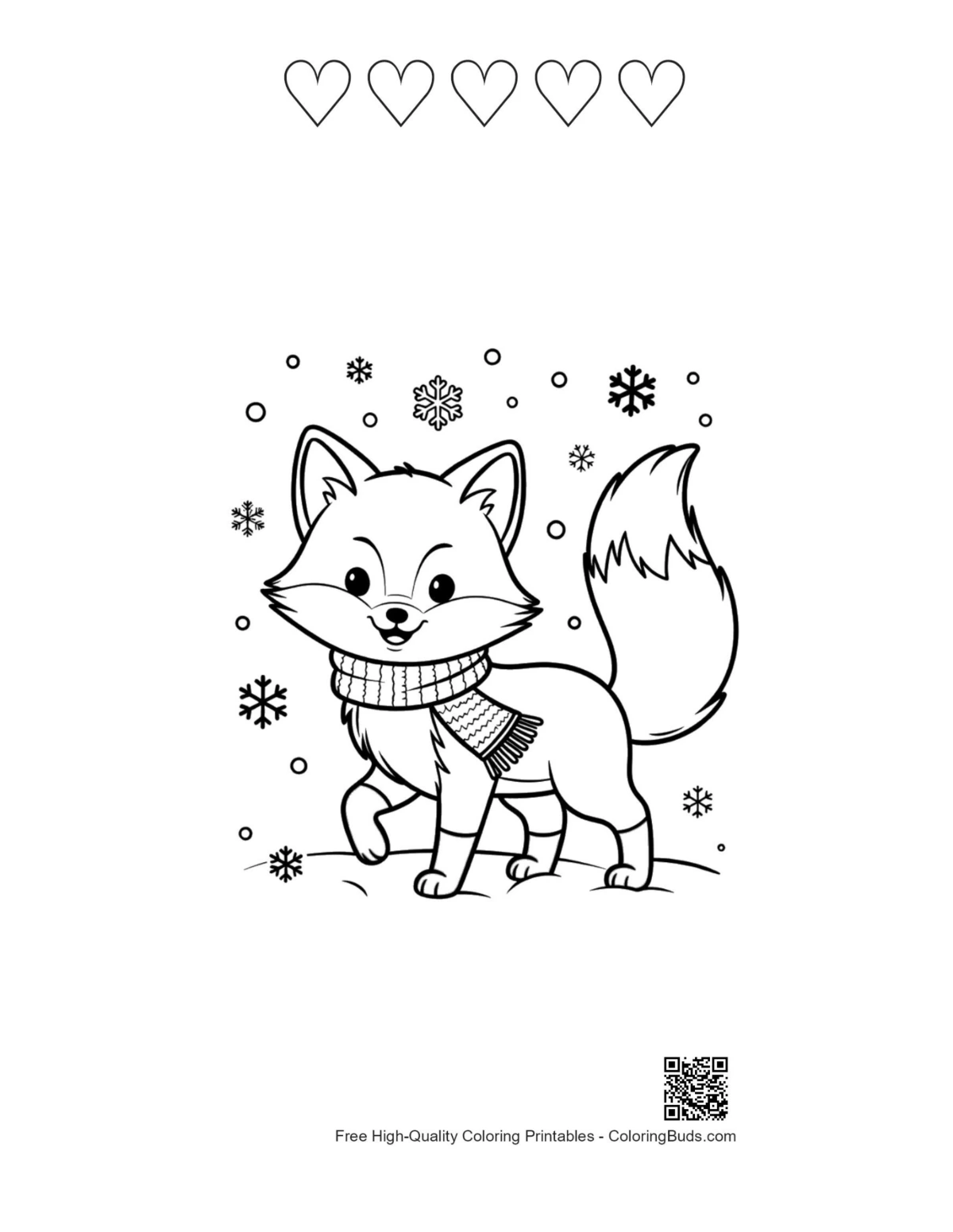 Red fox printable with 5 heart outlines