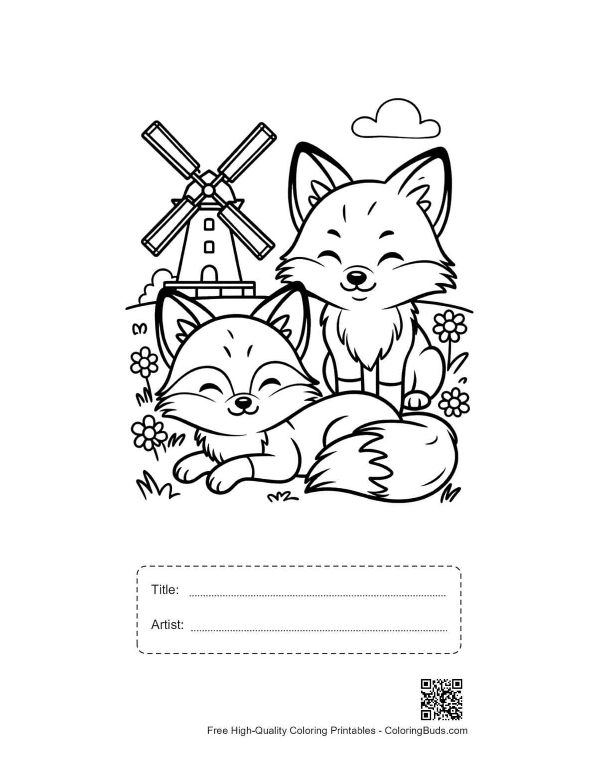 Red fox printable with title artist box outline