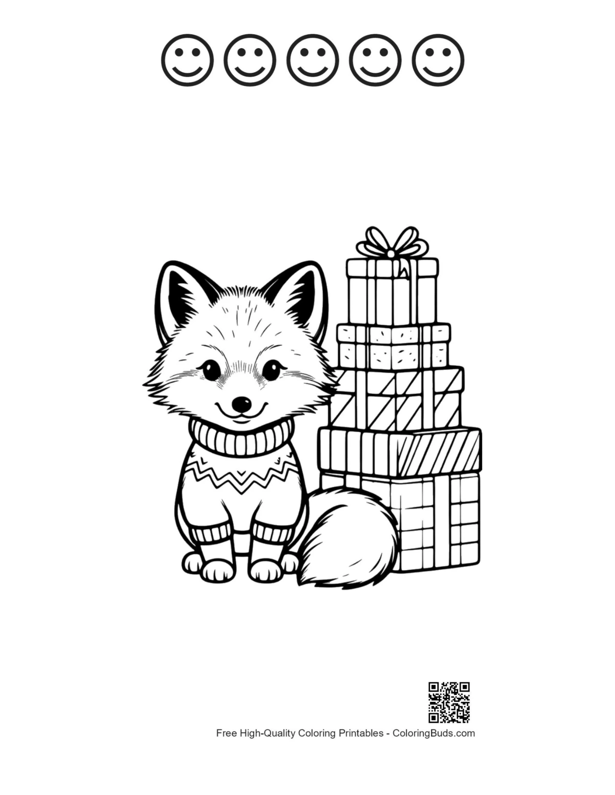 Fox coloring page with 5 happy faces