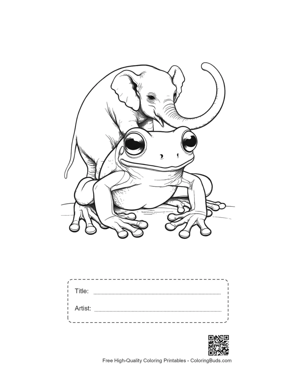 Baby elephant on tree frog printable with title box