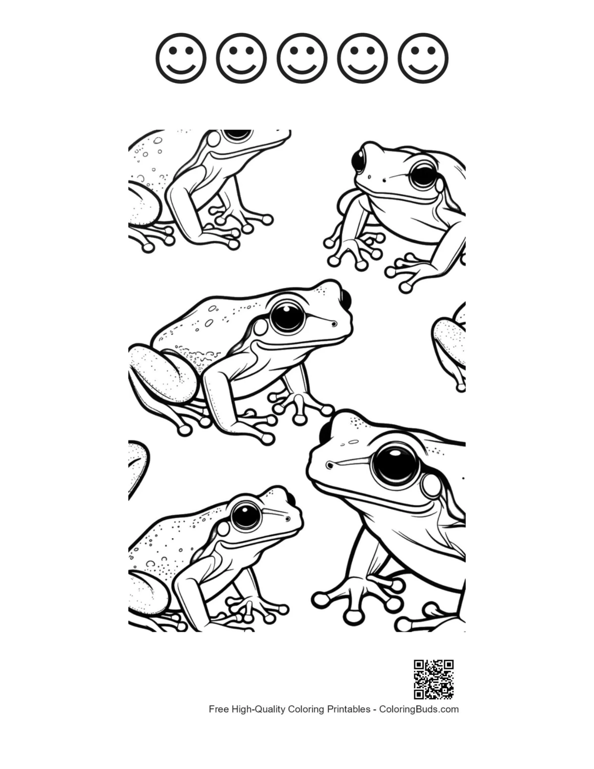 Tree frogs and 5 happy faces outline