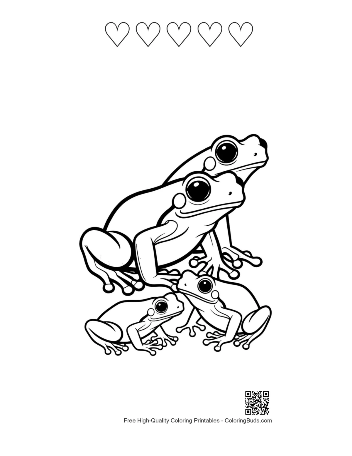 Tree frog family printable with heart outlines