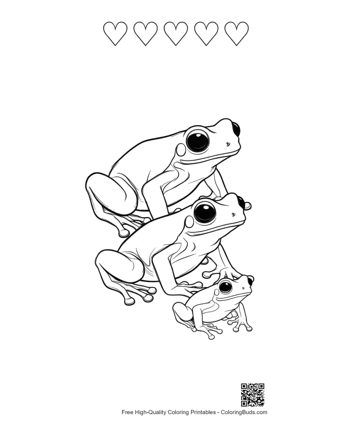 Tree Frogs Lineup Hearts Outline Printable