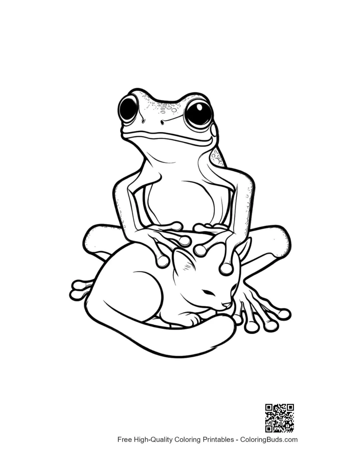 Cute Tree Frog cuddling kitten coloring page