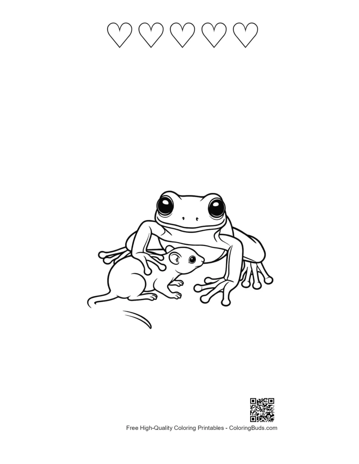 Tree frog hugging cute mouse 5 hearts outline page