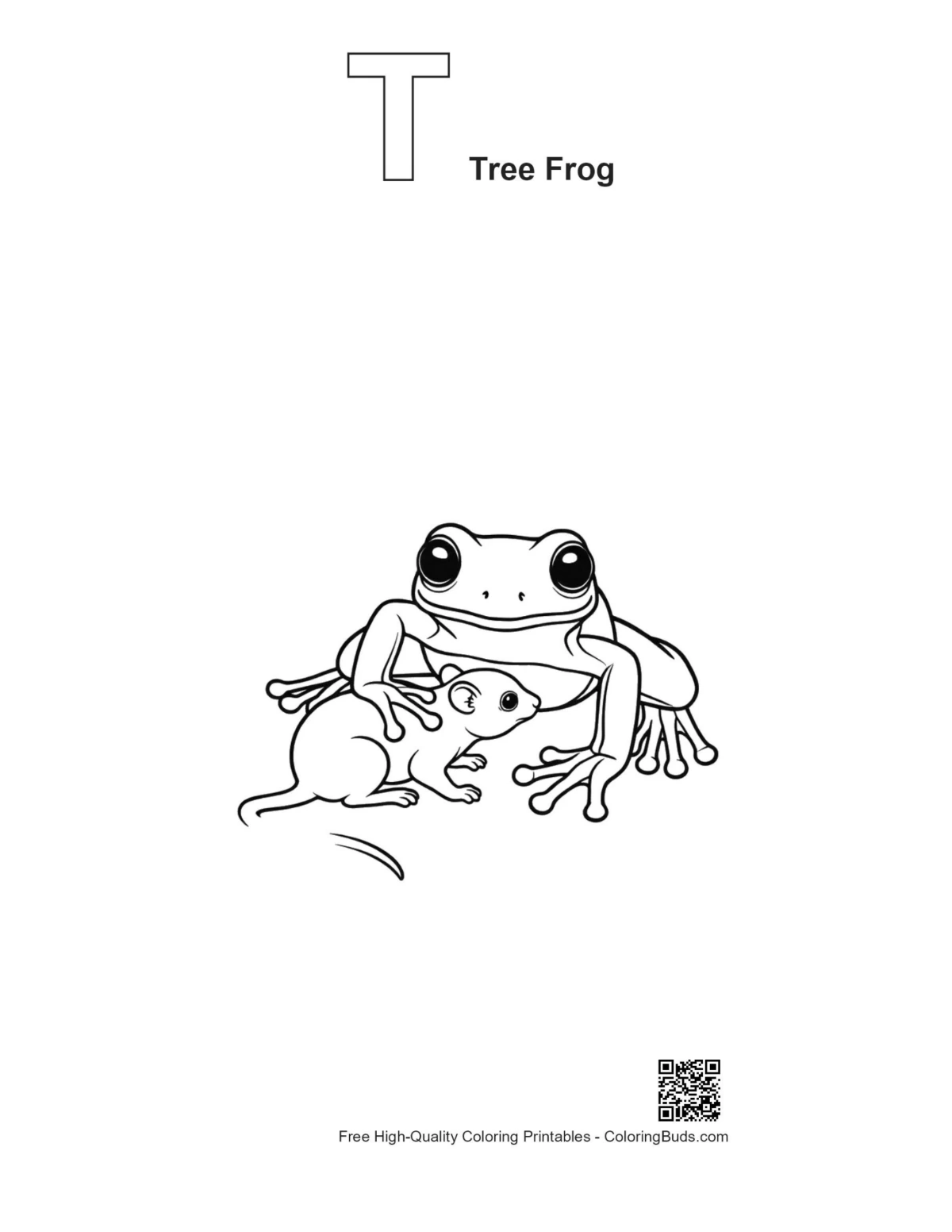 Tree frog mouse outline with alphabet T coloring page