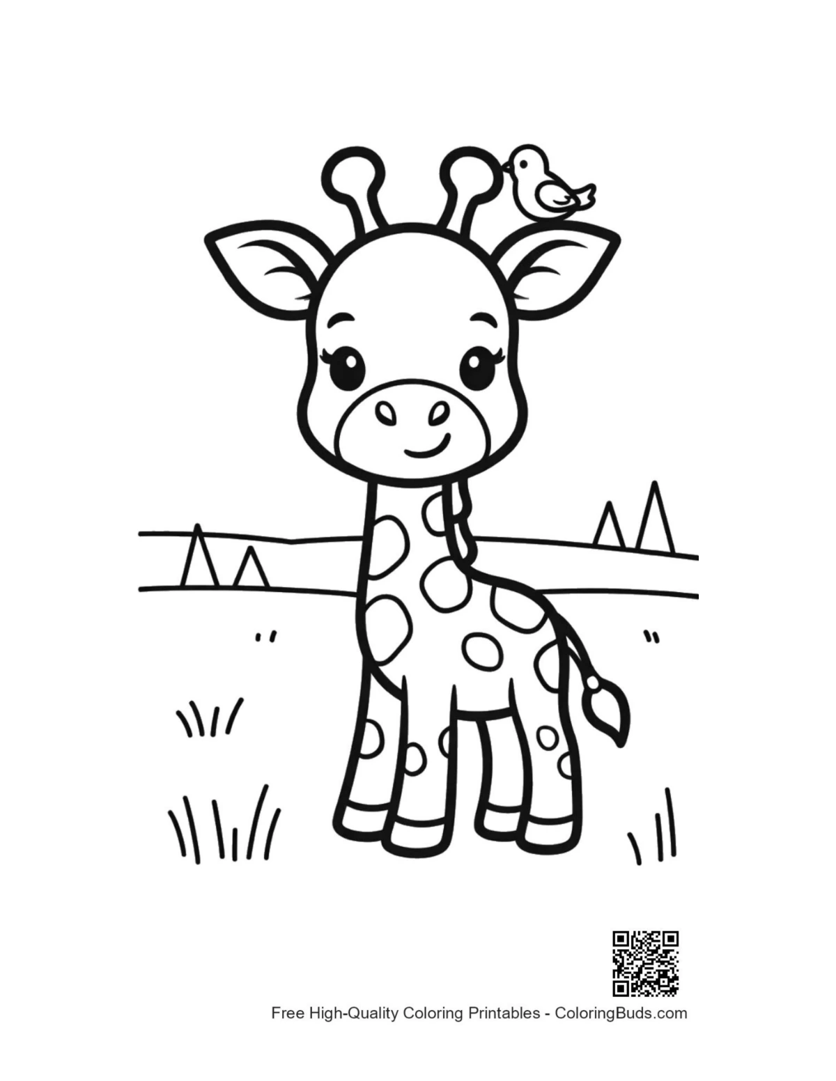 Cute giraffe in sunny meadow coloring printable