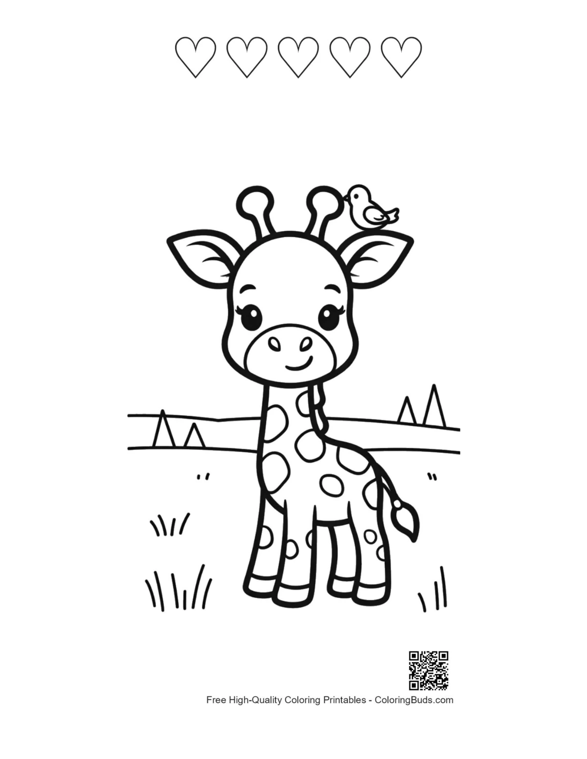 Cute giraffe with 5 heart outlines sheet