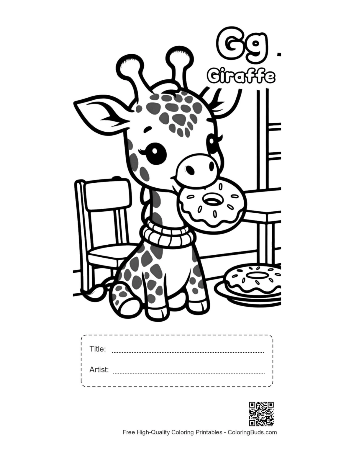 Giraffe eating donut printable with title artist box