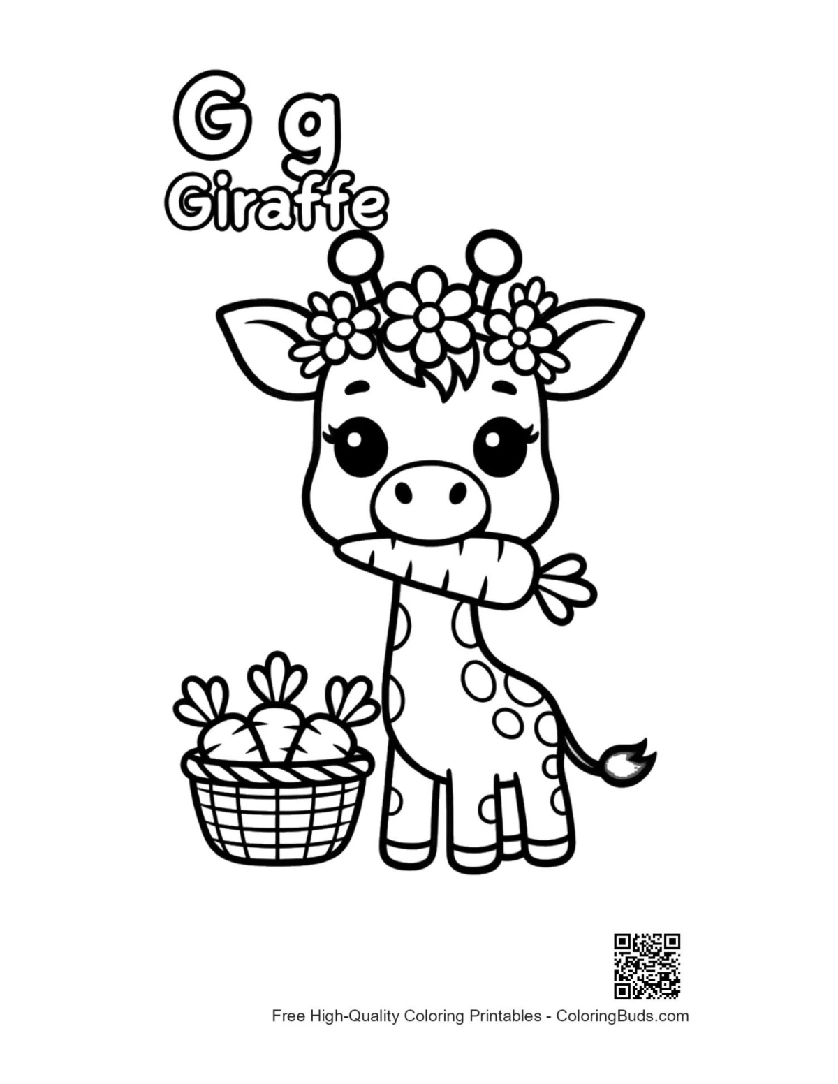 Adorable giraffe eating carrots printable coloring page
