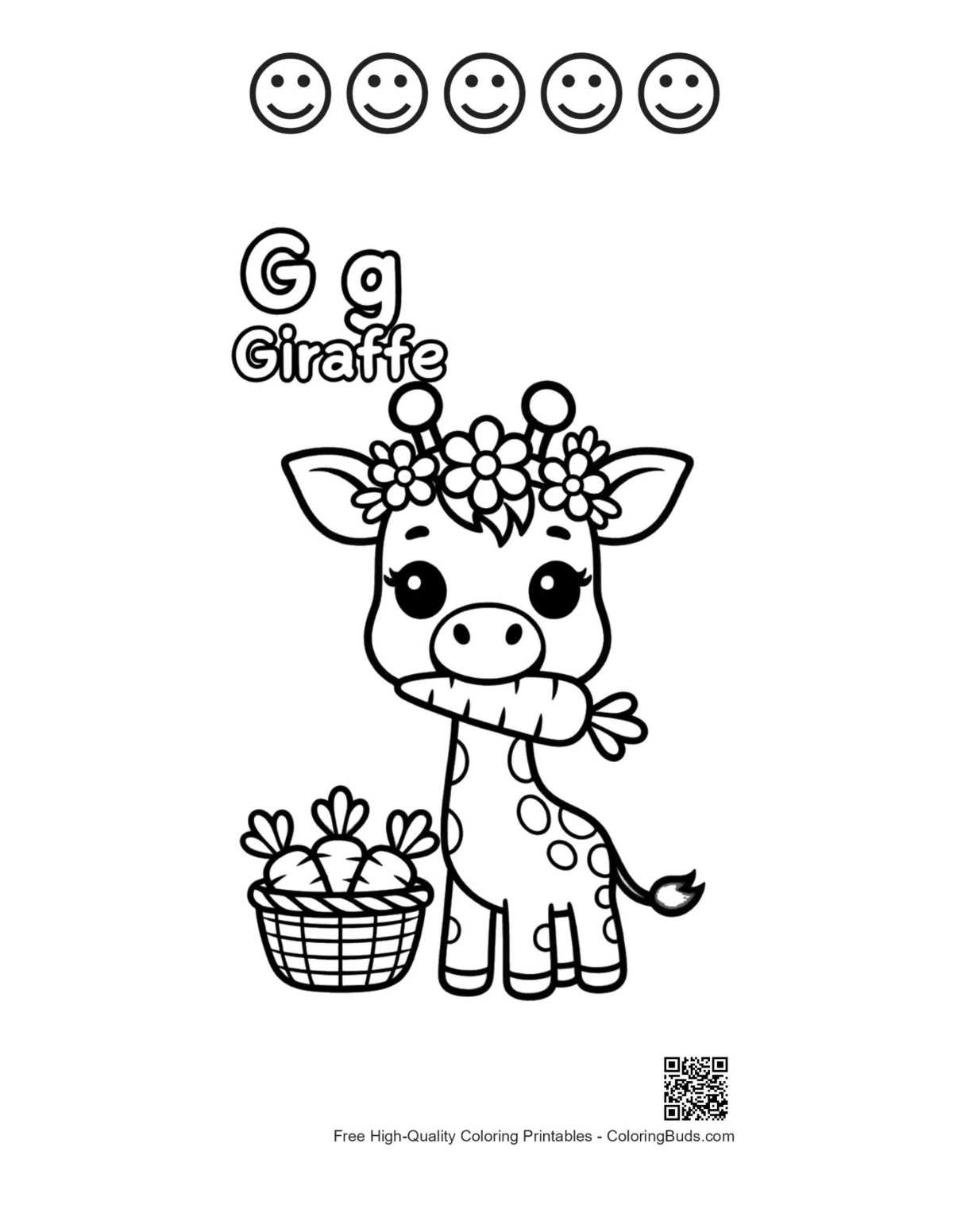Giraffe eating carrots with happy faces printable