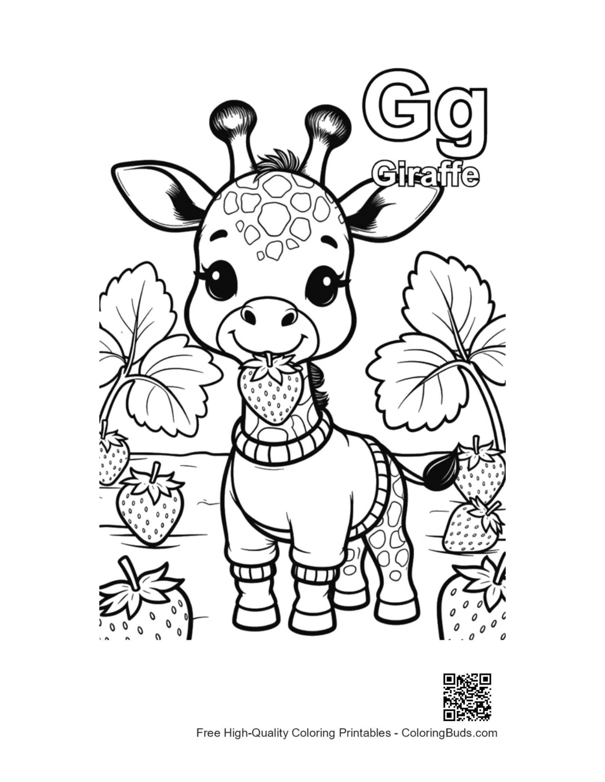 Adorable giraffe with ripe strawberries coloring page